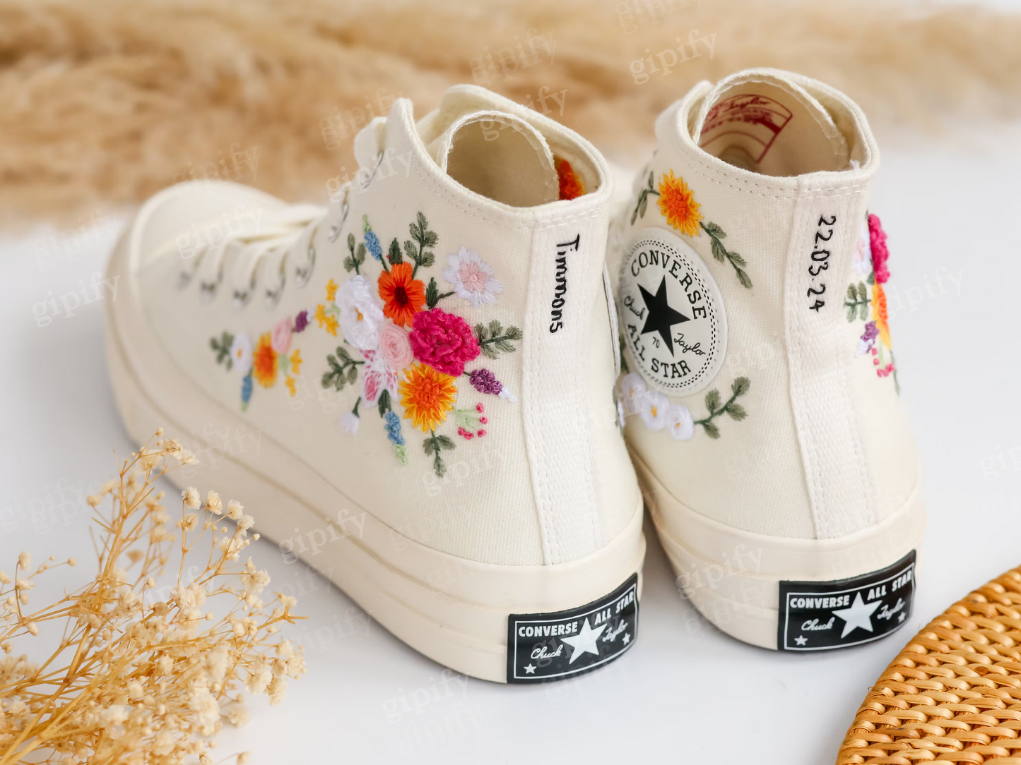 Custom Converse Wedding Sneakers, Rainbow Bridal Flowers Embroidered Shoes, Sunflower Daisy Dahlia Embroidered Sneakers, Rustic Wedding Gift