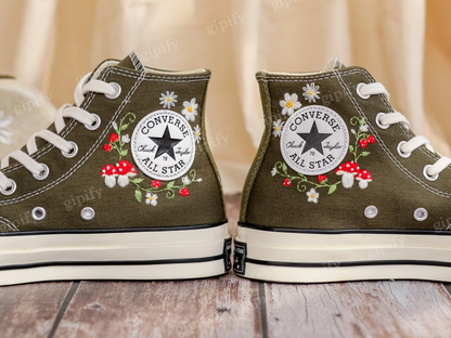 Mushrooms Embroidered Converse High Tops Custom, Strawberry, Mushrooms Embroidered Shoes, Sneakers Embroidery Mushroom, Strawberry for Women