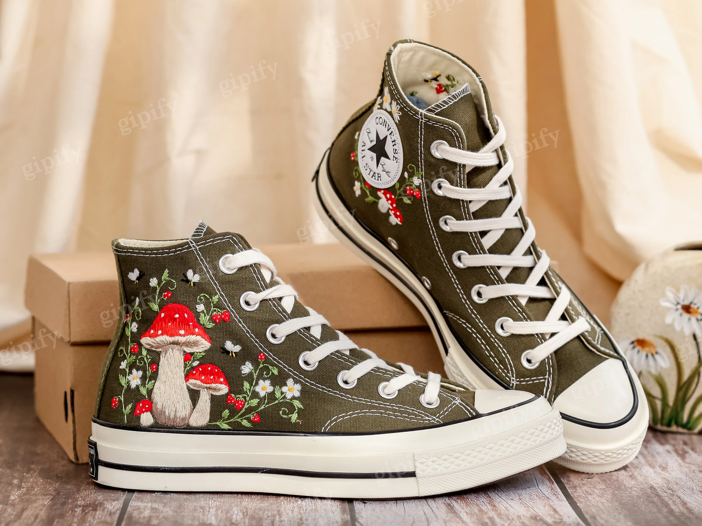 Mushrooms Embroidered Converse High Tops Custom, Strawberry, Mushrooms Embroidered Shoes, Sneakers Embroidery Mushroom, Strawberry for Women