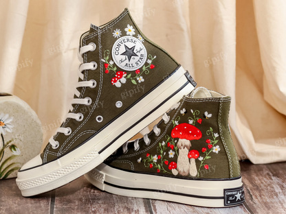 Mushrooms Embroidered Converse High Tops Custom, Strawberry, Mushrooms Embroidered Shoes, Sneakers Embroidery Mushroom, Strawberry for Women