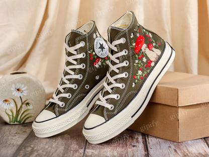 Mushrooms Embroidered Converse High Tops Custom, Strawberry, Mushrooms Embroidered Shoes, Sneakers Embroidery Mushroom, Strawberry for Women