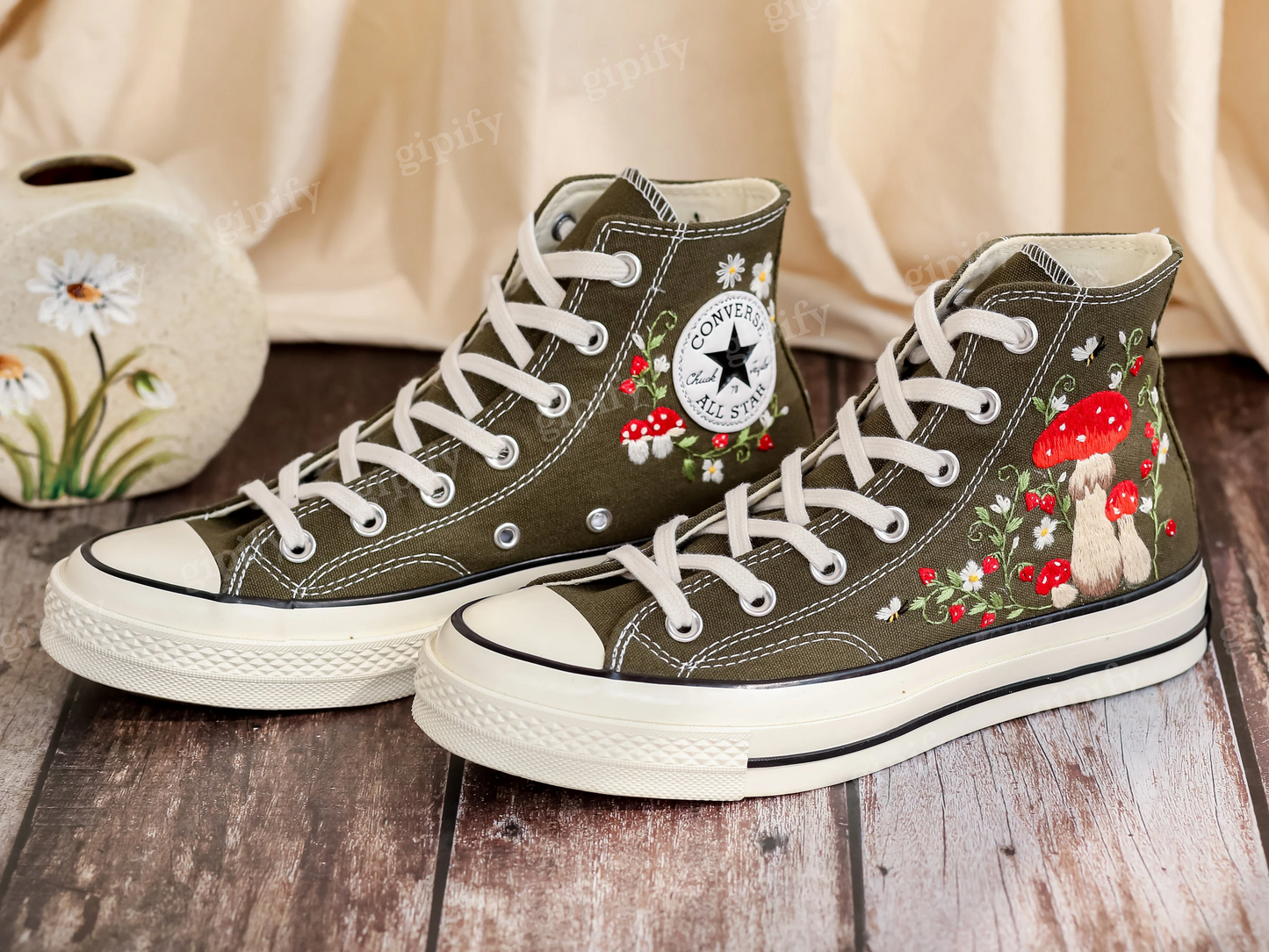 Mushrooms Embroidered Converse High Tops Custom, Strawberry, Mushrooms Embroidered Shoes, Sneakers Embroidery Mushroom, Strawberry for Women