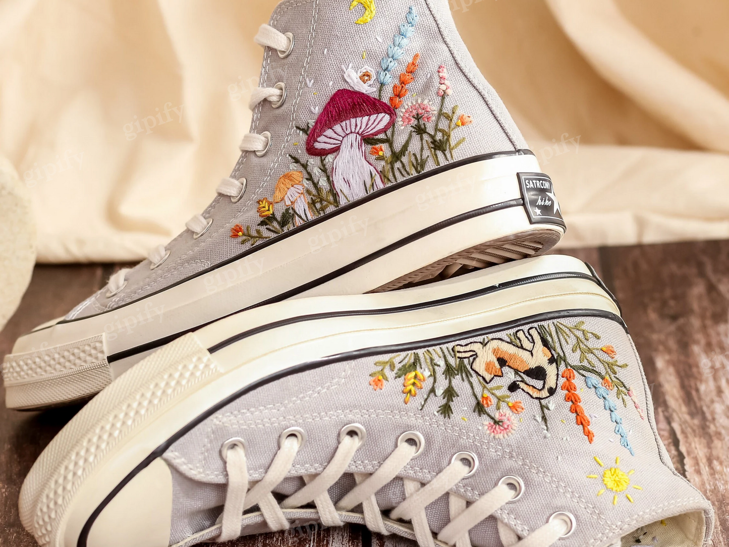 Customized Embroidered Converse High Tops, Mushrooms Embroidered Shoes Women, Gardens Flowers and Cat Embroidered Converse, Gifts for Her