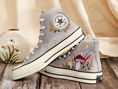 Customized Embroidered Converse High Tops, Mushrooms Embroidered Shoes Women, Gardens Flowers and Cat Embroidered Converse, Gifts for Her