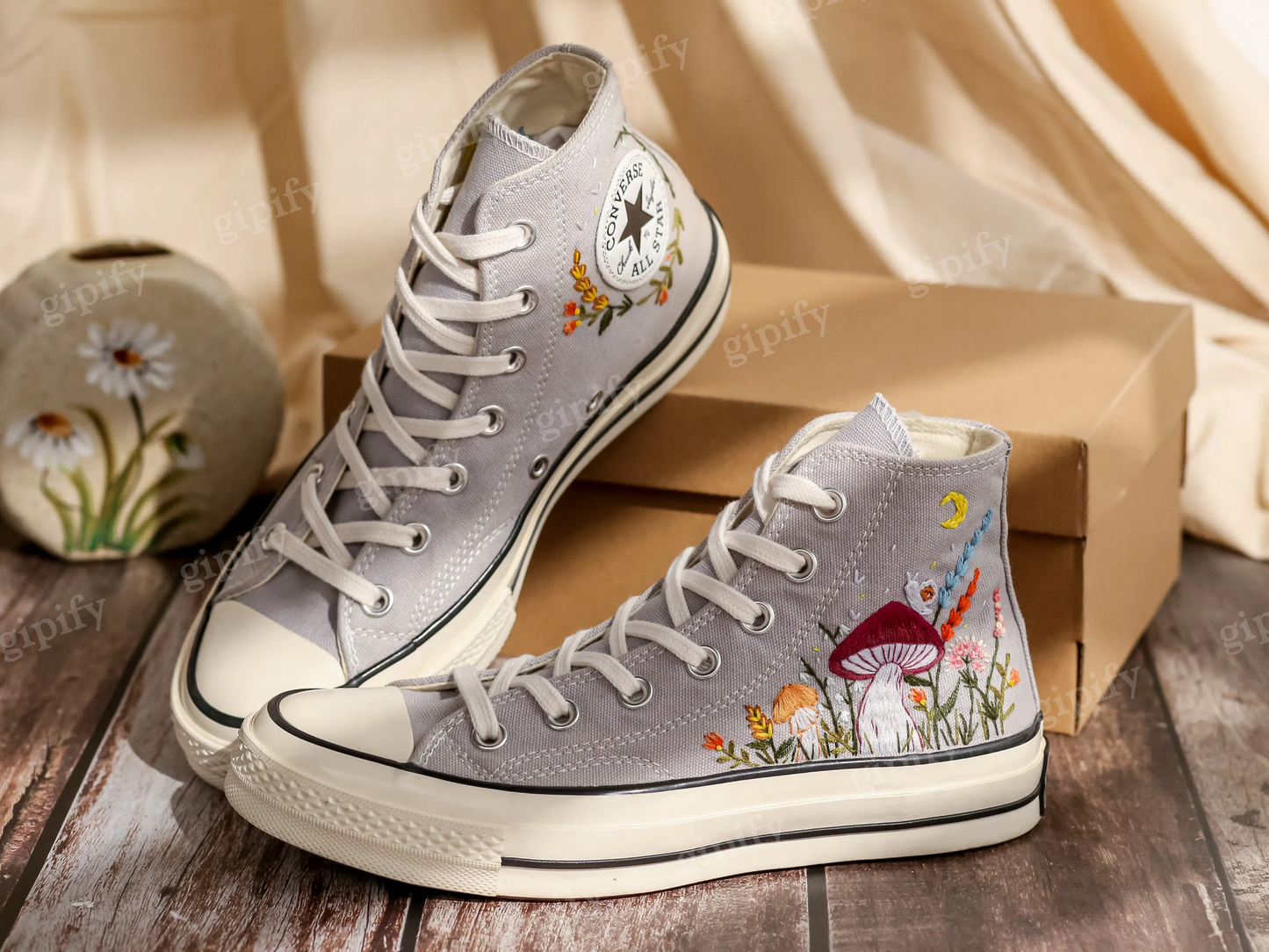 Customized Embroidered Converse High Tops, Mushrooms Embroidered Shoes Women, Gardens Flowers and Cat Embroidered Converse, Gifts for Her