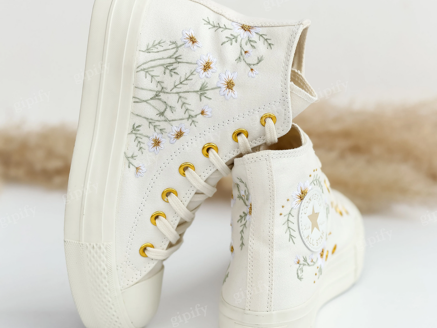 Custom Wedding Sneakers Platform, White Flower Embroidered Converse, Daisy Embroidery Bridal Sneakers, Personalized Bride Shoes Wedding Gift