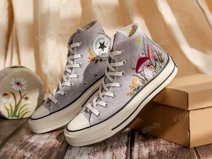 Customized Embroidered Converse High Tops, Mushrooms Embroidered Shoes Women, Gardens Flowers and Cat Embroidered Converse, Gifts for Her