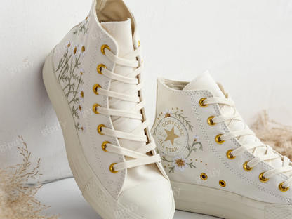 Custom Wedding Sneakers Platform, White Flower Embroidered Converse, Daisy Embroidery Bridal Sneakers, Personalized Bride Shoes Wedding Gift