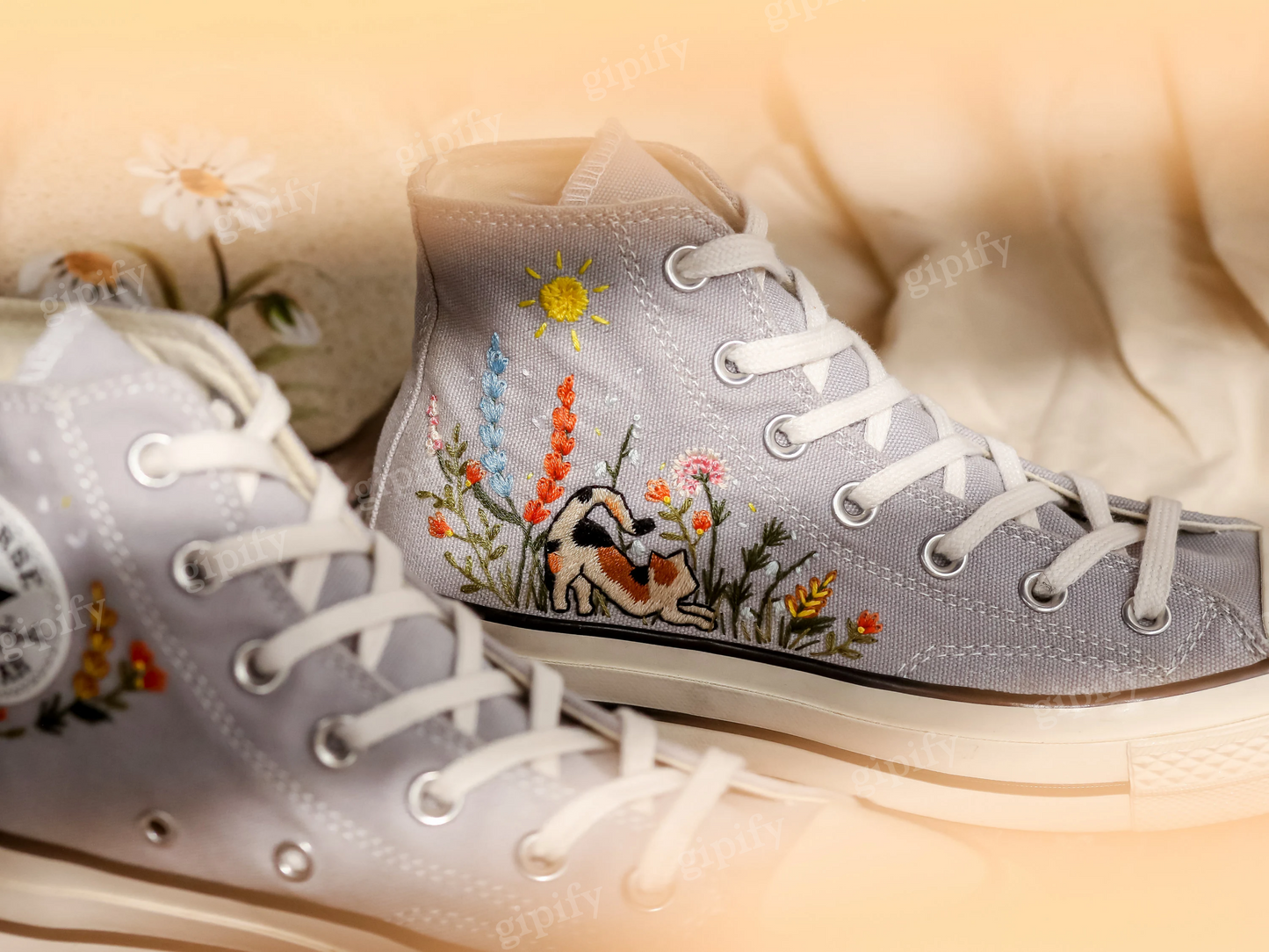 Customized Embroidered Converse High Tops, Mushrooms Embroidered Shoes Women, Gardens Flowers and Cat Embroidered Converse, Gifts for Her