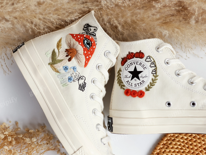 Evil Eye Embroidered Converse Custom, Ghosts and Mushrooms Evil Eye Embroidered Shoes Custom, Sneaker Embroidery Mushrooms Evil Eye, Pumpkin