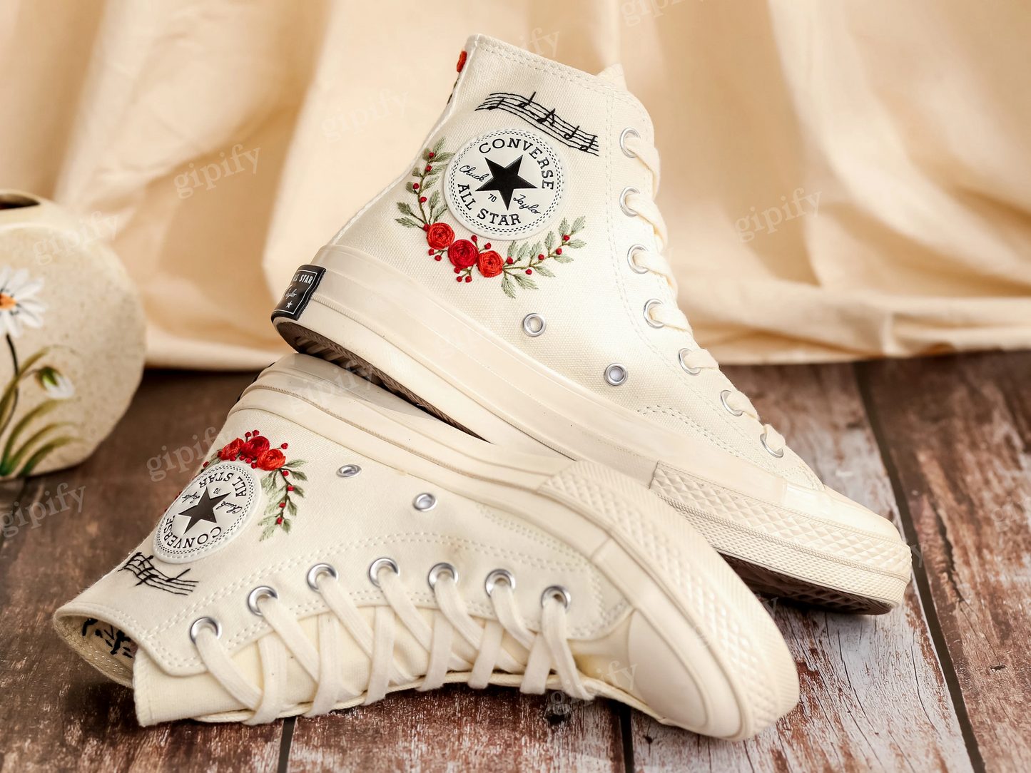 Custom Embroidered Converse Chuck Taylor All Star Shoes, Cat and Flower, 1989 Embroidered Sneaker, Flower Embroidery Shoes, Handmade Gifts