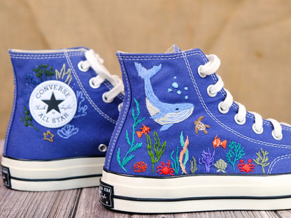 Custom Embroidered Converse High Tops/Custom Converse Chuck Taylor 1970s Shark Embroidered/ Ocean Vibes Embroidered/Birthday gift C213LT