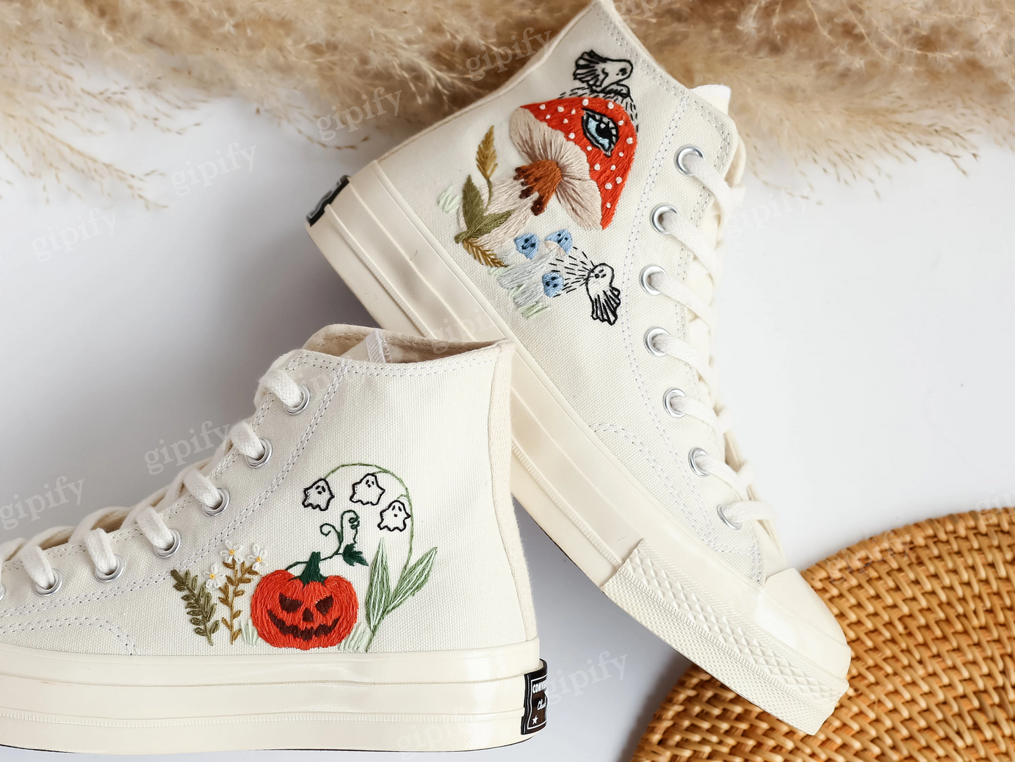 Evil Eye Embroidered Converse Custom, Ghosts and Mushrooms Evil Eye Embroidered Shoes Custom, Sneaker Embroidery Mushrooms Evil Eye, Pumpkin