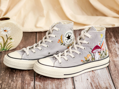 Customized Embroidered Converse High Tops, Mushrooms Embroidered Shoes Women, Gardens Flowers and Cat Embroidered Converse, Gifts for Her