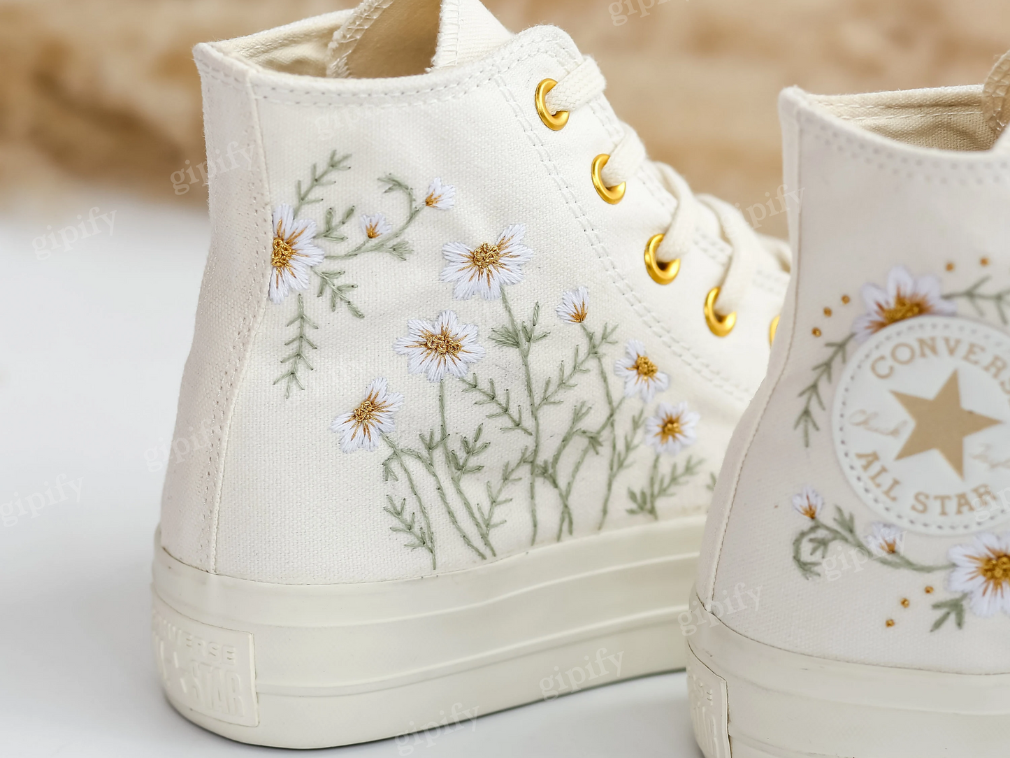 Custom Wedding Sneakers Platform, White Flower Embroidered Converse, Daisy Embroidery Bridal Sneakers, Personalized Bride Shoes Wedding Gift