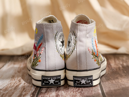 Customized Embroidered Converse High Tops, Mushrooms Embroidered Shoes Women, Gardens Flowers and Cat Embroidered Converse, Gifts for Her