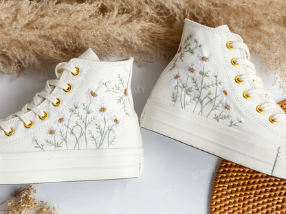 Custom Wedding Sneakers Platform, White Flower Embroidered Converse, Daisy Embroidery Bridal Sneakers, Personalized Bride Shoes Wedding Gift