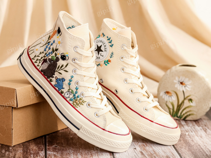 Customized Embroidered Sneakers, Mushrooms Embroidered Converse for Women, Mushrooms and Pet Embroidered Shoes, Converse Embroidery Mushroom