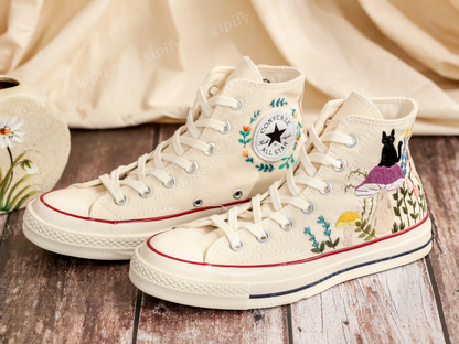 Customized Embroidered Sneakers, Mushrooms Embroidered Converse for Women, Mushrooms and Pet Embroidered Shoes, Converse Embroidery Mushroom