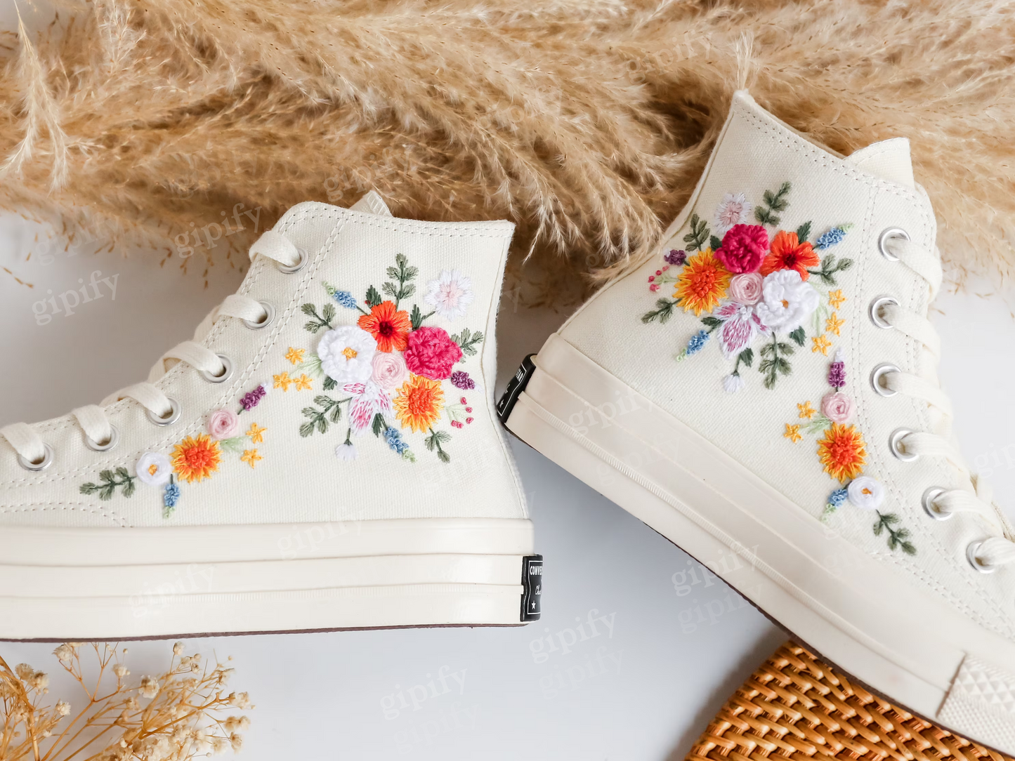 Custom Converse Wedding Sneakers, Rainbow Bridal Flowers Embroidered Shoes, Sunflower Daisy Dahlia Embroidered Sneakers, Rustic Wedding Gift