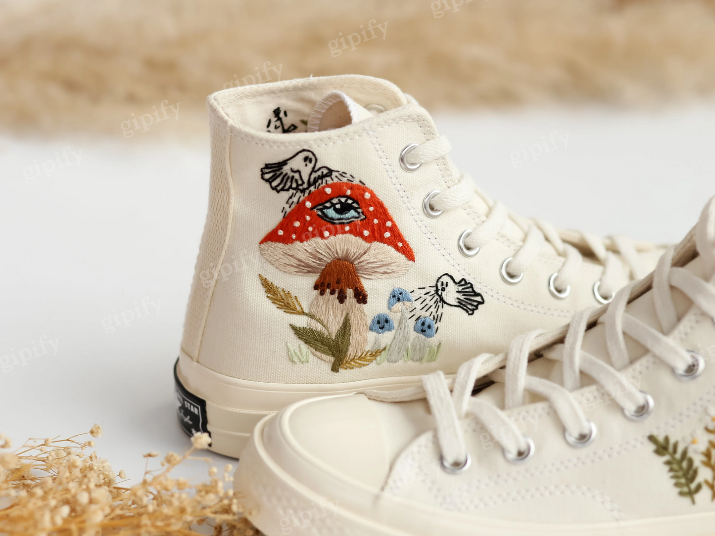 Evil Eye Embroidered Converse Custom, Ghosts and Mushrooms Evil Eye Embroidered Shoes Custom, Sneaker Embroidery Mushrooms Evil Eye, Pumpkin