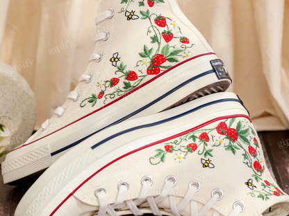 Customized Embroidery Converse Women, Bee and Strawberry Embroidered Converse, Strawberry Embroidered Shoes, Strawberry Embroidered Sneakers