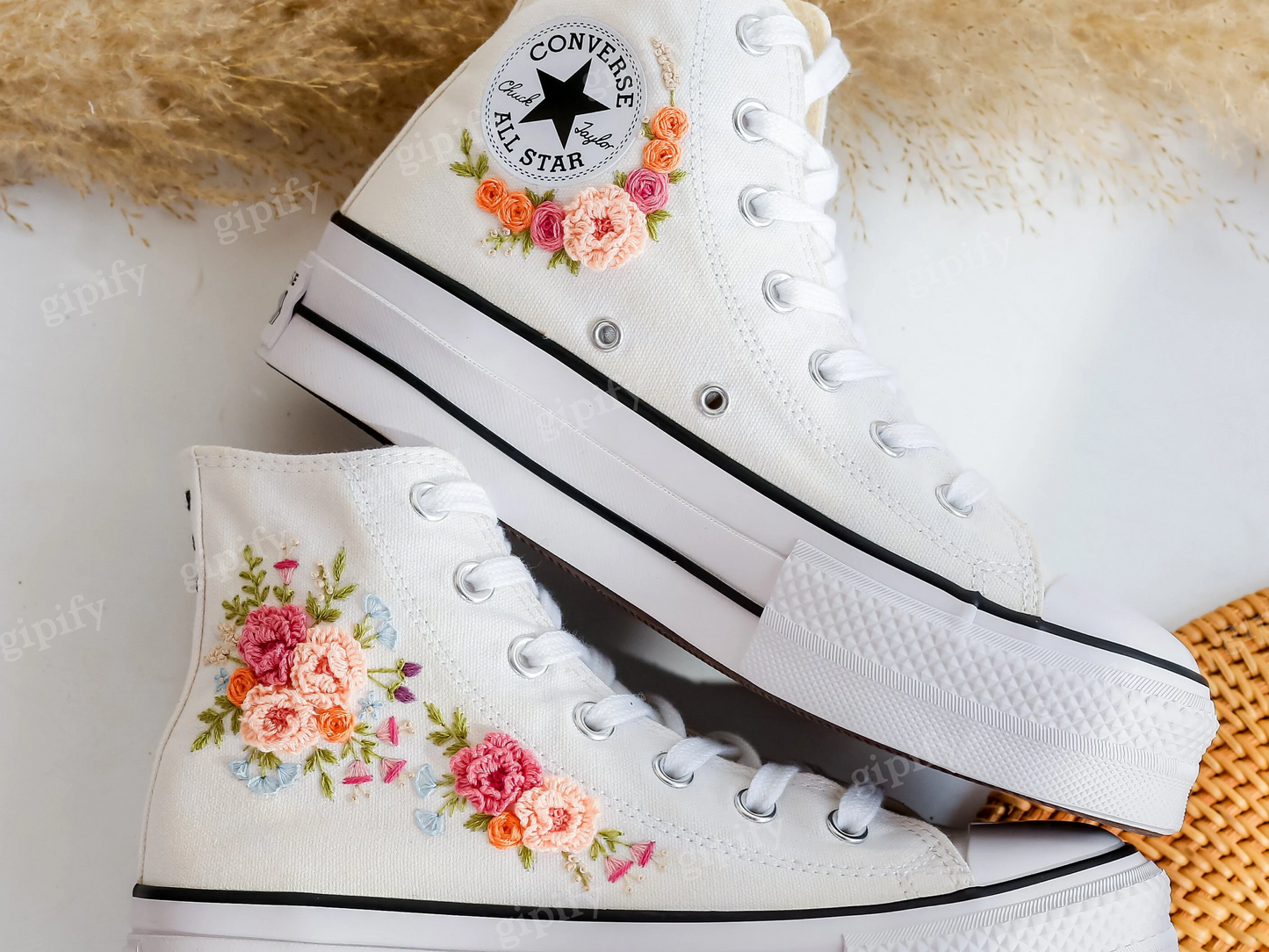 Custom Embroidered Platform Converse, Wedding Flower Embroidered Shoes for Bride, Bridal Flowers Embroidered Sneakers, Boho Wedding Gift