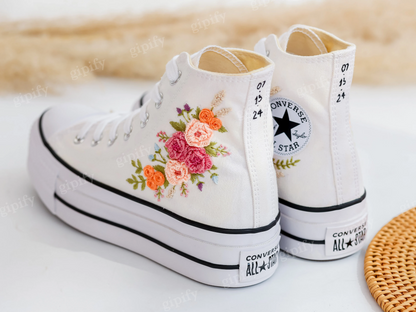 Custom Embroidered Platform Converse, Wedding Flower Embroidered Shoes for Bride, Bridal Flowers Embroidered Sneakers, Boho Wedding Gift