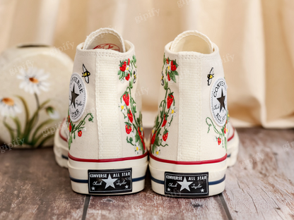 Customized Embroidery Converse Women, Bee and Strawberry Embroidered Converse, Strawberry Embroidered Shoes, Strawberry Embroidered Sneakers