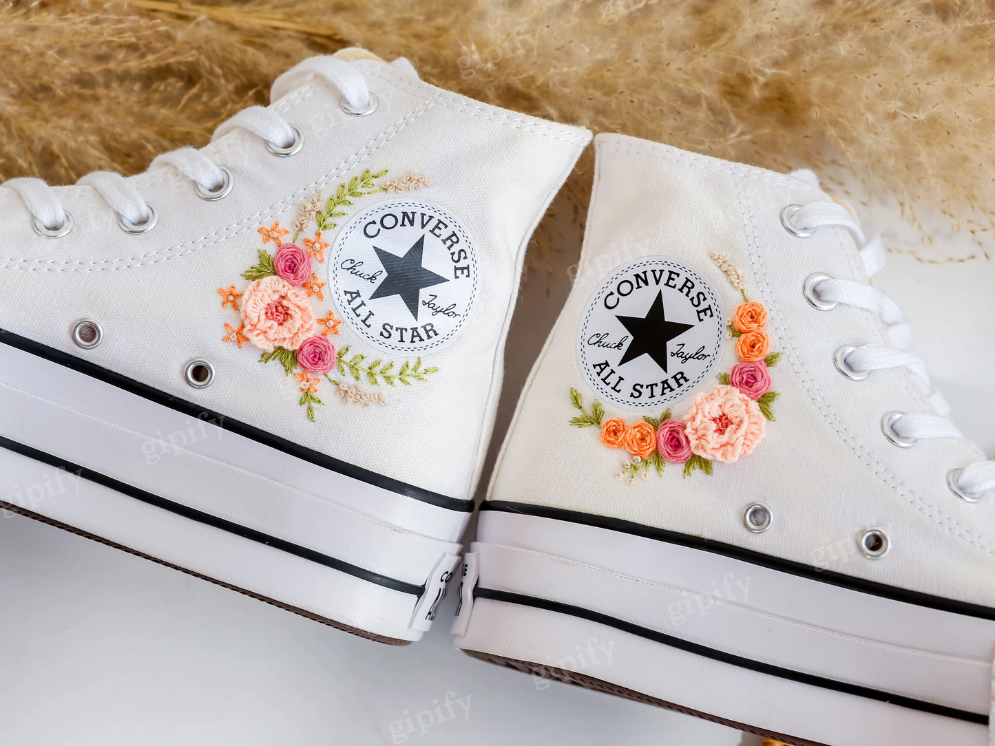 Custom Embroidered Platform Converse, Wedding Flower Embroidered Shoes for Bride, Bridal Flowers Embroidered Sneakers, Boho Wedding Gift