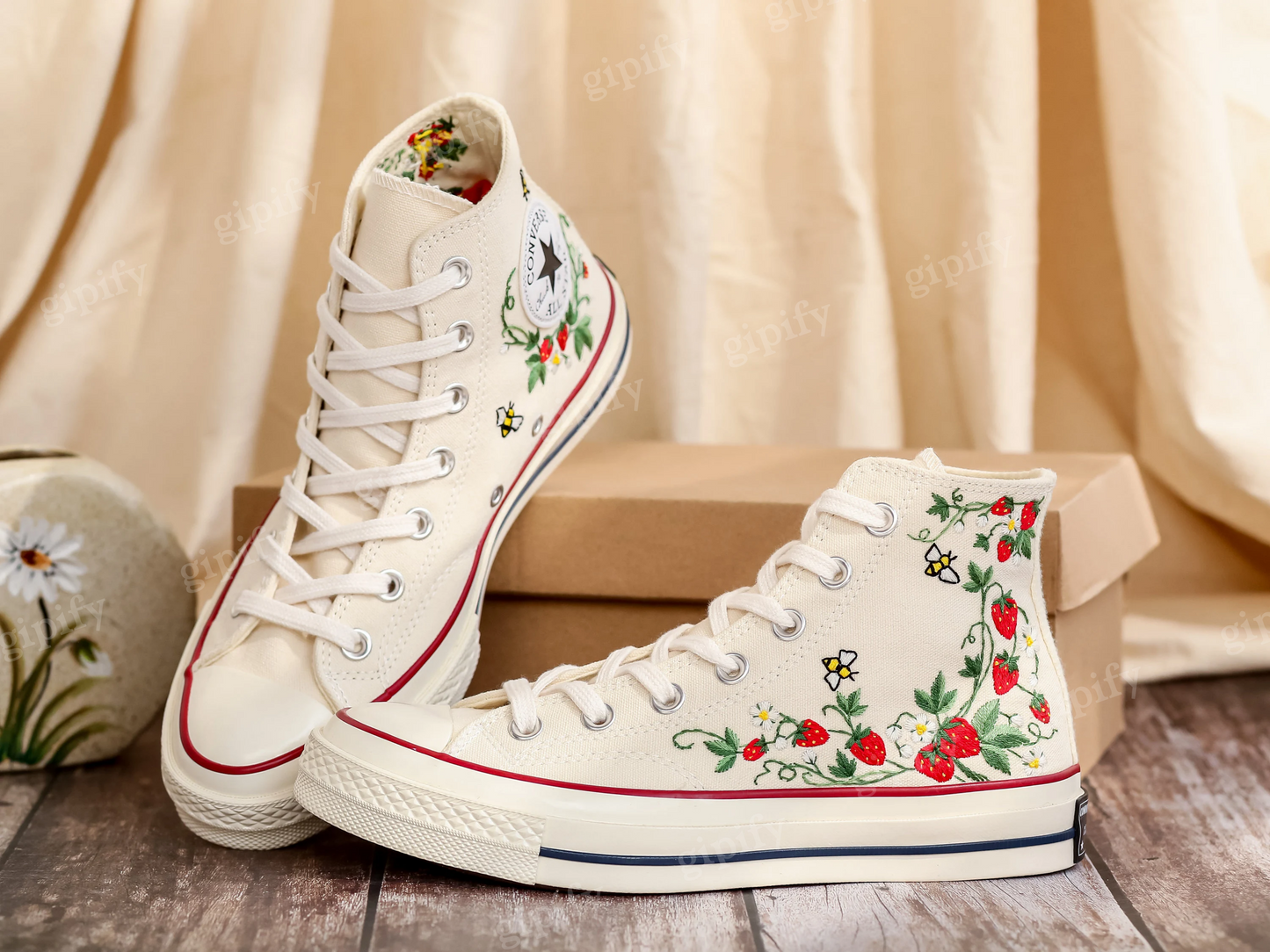 Customized Embroidery Converse Women, Bee and Strawberry Embroidered Converse, Strawberry Embroidered Shoes, Strawberry Embroidered Sneakers