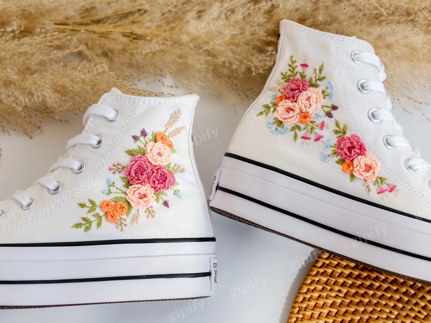 Custom Embroidered Platform Converse, Wedding Flower Embroidered Shoes for Bride, Bridal Flowers Embroidered Sneakers, Boho Wedding Gift