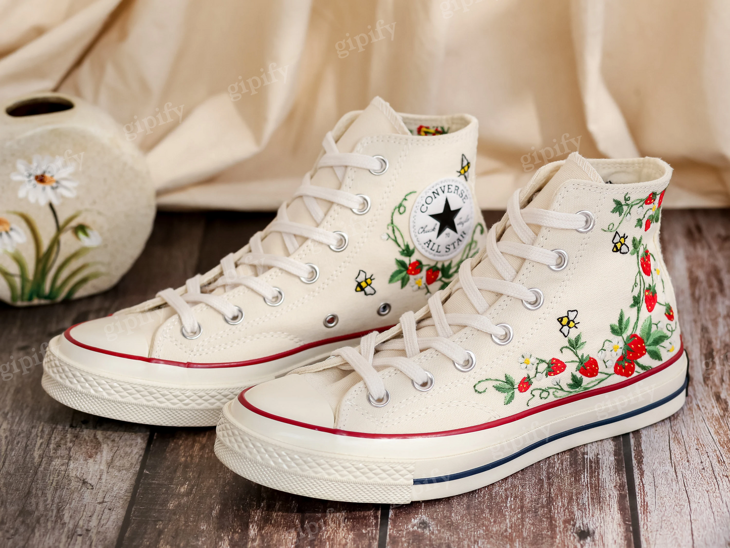 Customized Embroidery Converse Women, Bee and Strawberry Embroidered Converse, Strawberry Embroidered Shoes, Strawberry Embroidered Sneakers