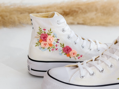 Custom Embroidered Platform Converse, Wedding Flower Embroidered Shoes for Bride, Bridal Flowers Embroidered Sneakers, Boho Wedding Gift