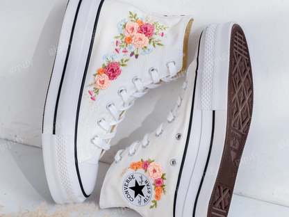 Custom Embroidered Platform Converse, Wedding Flower Embroidered Shoes for Bride, Bridal Flowers Embroidered Sneakers, Boho Wedding Gift