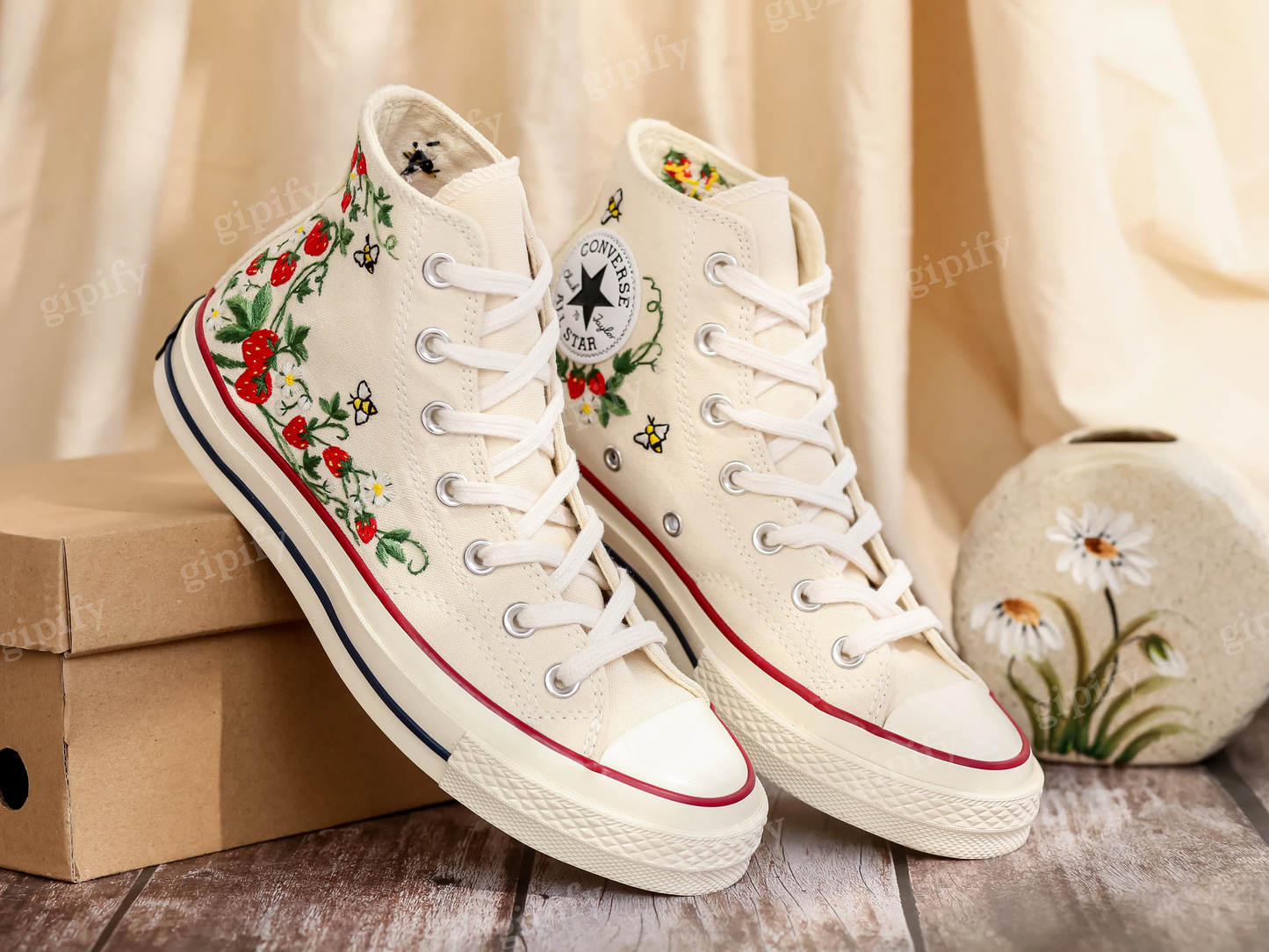 Customized Embroidery Converse Women, Bee and Strawberry Embroidered Converse, Strawberry Embroidered Shoes, Strawberry Embroidered Sneakers