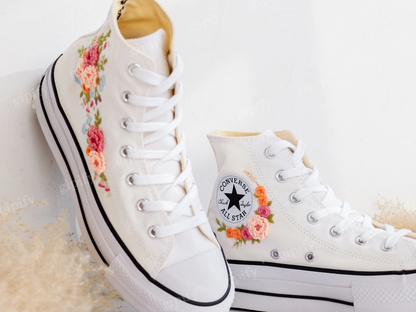 Custom Embroidered Platform Converse, Wedding Flower Embroidered Shoes for Bride, Bridal Flowers Embroidered Sneakers, Boho Wedding Gift