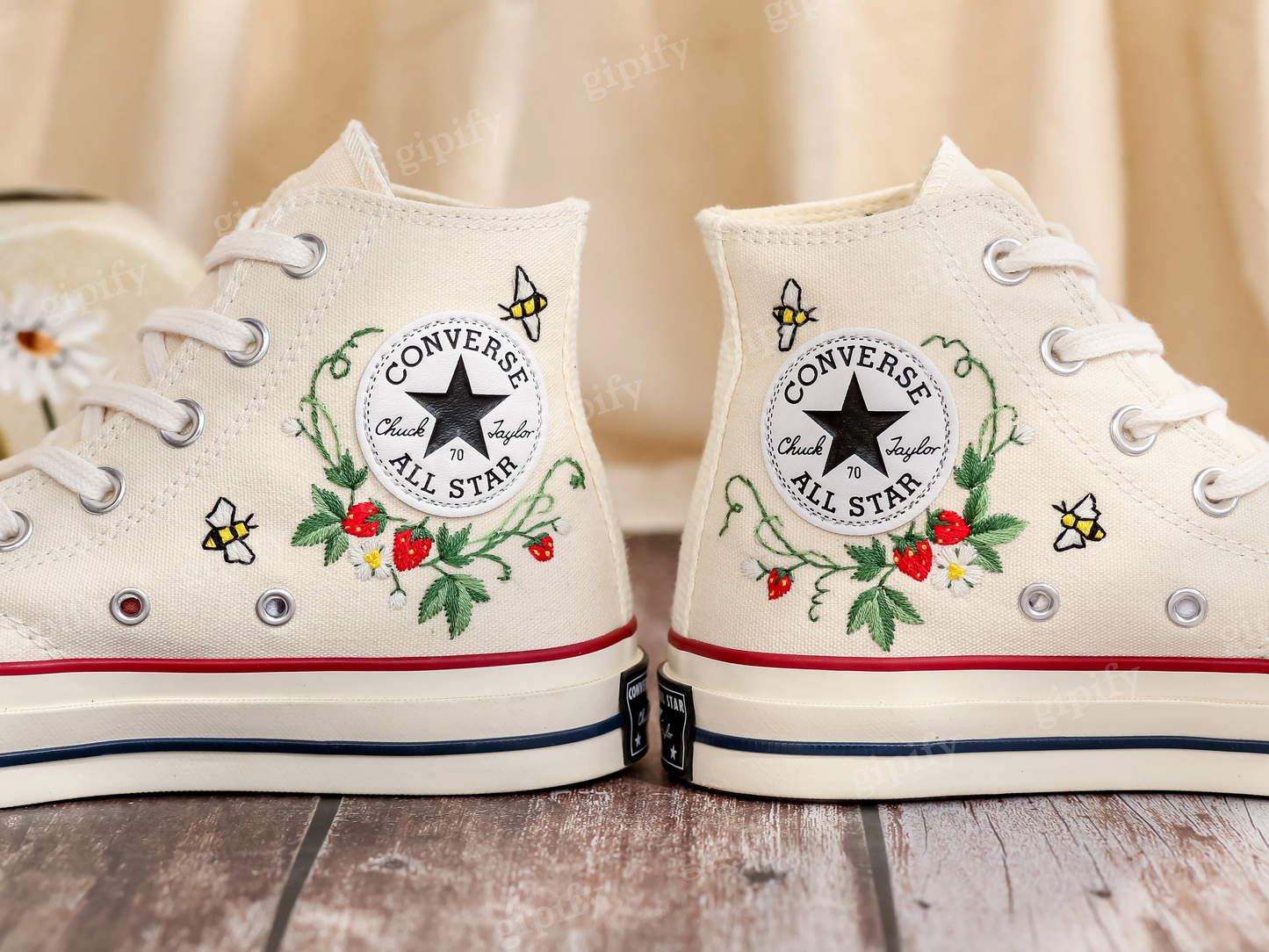 Customized Embroidery Converse Women, Bee and Strawberry Embroidered Converse, Strawberry Embroidered Shoes, Strawberry Embroidered Sneakers