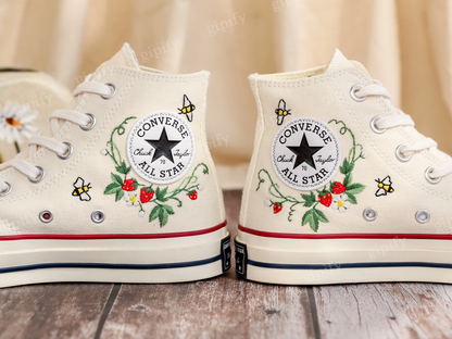 Customized Embroidery Converse Women, Bee and Strawberry Embroidered Converse, Strawberry Embroidered Shoes, Strawberry Embroidered Sneakers