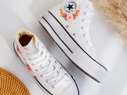 Custom Embroidered Platform Converse, Wedding Flower Embroidered Shoes for Bride, Bridal Flowers Embroidered Sneakers, Boho Wedding Gift