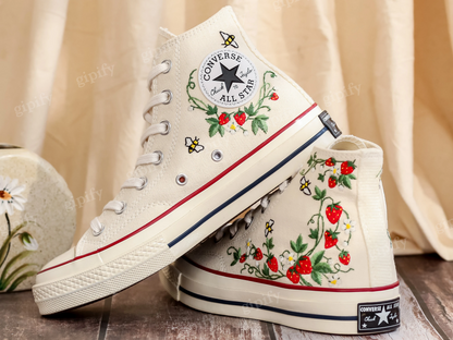 Customized Embroidery Converse Women, Bee and Strawberry Embroidered Converse, Strawberry Embroidered Shoes, Strawberry Embroidered Sneakers