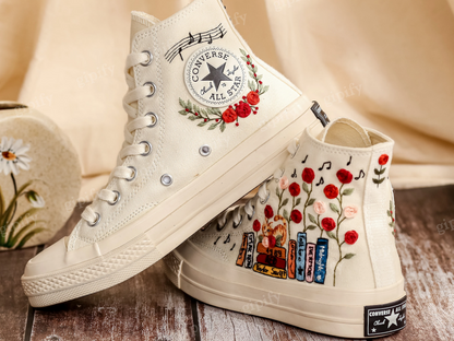 Custom Embroidered Converse Chuck Taylor All Star Shoes, Cat and Flower, 1989 Embroidered Sneaker, Flower Embroidery Shoes, Handmade Gifts