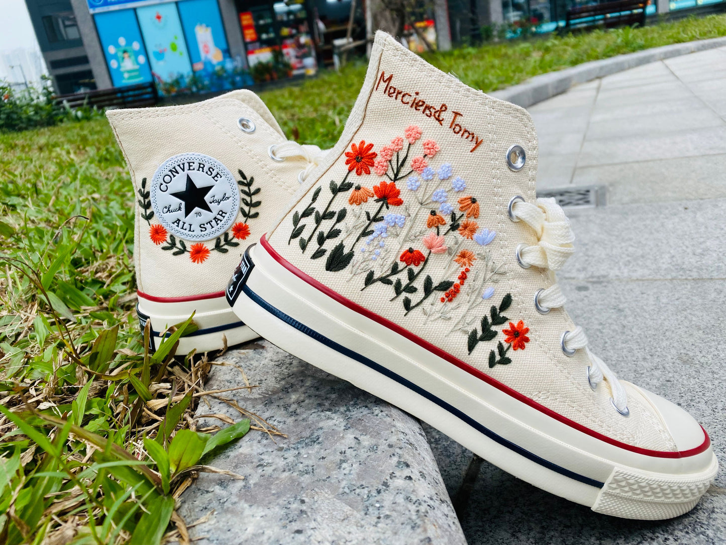 Custom Converse Platform/ Wedding Flowers Embroidered Platform Shoes/ Bridal Flowers Embroidered Sneakers/ Personalized Bridal Sneaker