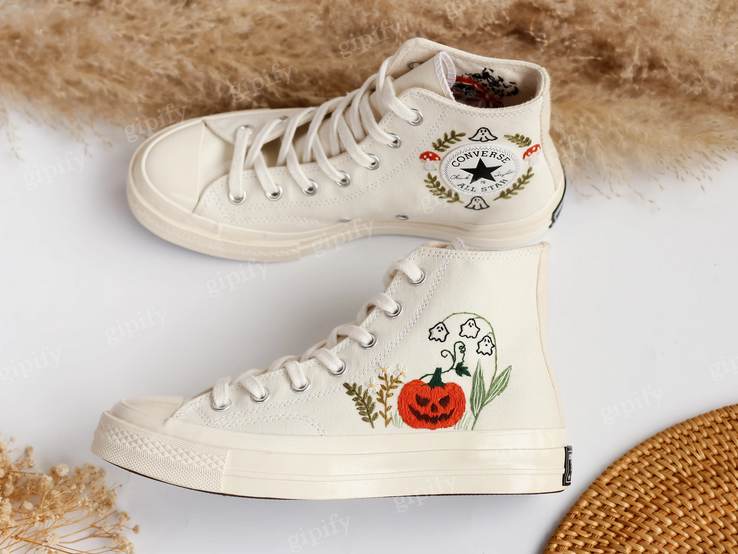 Evil Eye Embroidered Converse Custom, Ghosts and Mushrooms Evil Eye Embroidered Shoes Custom, Sneaker Embroidery Mushrooms Evil Eye, Pumpkin