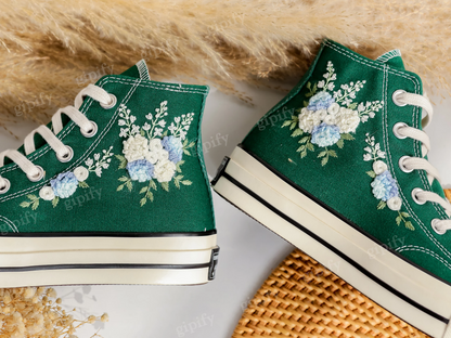 Converse Wedding Shoes, Hydrangeas Flower Embroidered Converse for Bridal, Floral Embroidered Sneakers Wedding Custom, Unique Gifts for Her