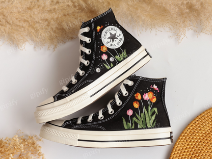 Custom Embroidered Converse High Tops, Tulips Flower Embroidered Shoes Custom, Tulips Embroidered Sneakers, Anniversary Gifts for Her