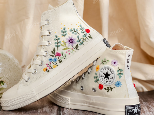 Custom Bridal Flowers Embroidered Converse for Wedding, Flowers Embroidered Sneakers for Bride, Flowers Embroidered Shoes, Wedding Gifts