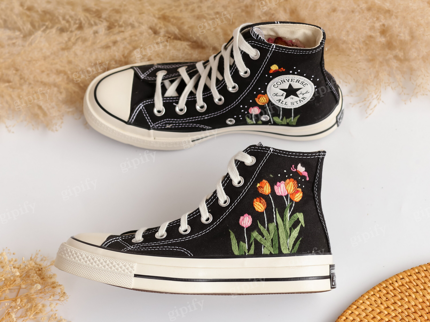 Custom Embroidered Converse High Tops, Tulips Flower Embroidered Shoes Custom, Tulips Embroidered Sneakers, Anniversary Gifts for Her