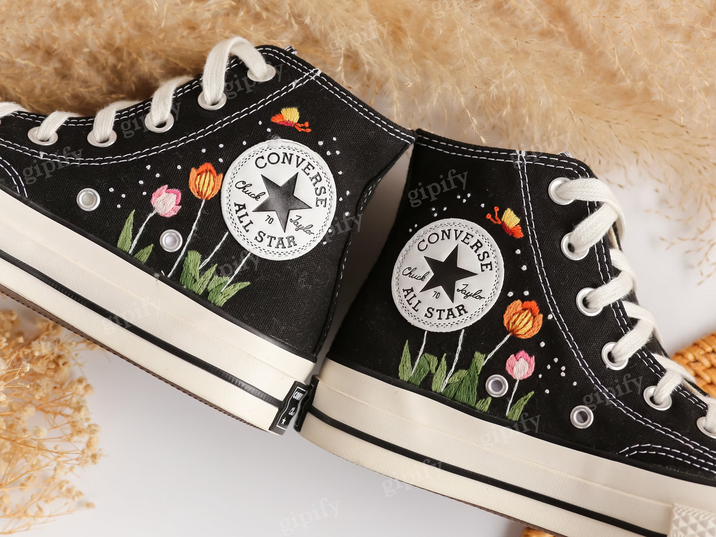 Custom Embroidered Converse High Tops, Tulips Flower Embroidered Shoes Custom, Tulips Embroidered Sneakers, Anniversary Gifts for Her