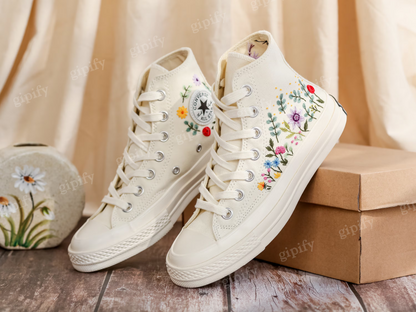 Custom Bridal Flowers Embroidered Converse for Wedding, Flowers Embroidered Sneakers for Bride, Flowers Embroidered Shoes, Wedding Gifts